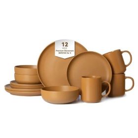 12-Piece Stoneware Dinnerware Sets with Mugs | Microwave & Dishwasher Safe | Non-Toxic Dinner Plates Bowls Set | Stackable Matte Glaze Kitchenware for (Color: Orange)