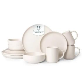 12-Piece Stoneware Dinnerware Sets with Mugs | Microwave & Dishwasher Safe | Non-Toxic Dinner Plates Bowls Set | Stackable Matte Glaze Kitchenware for (Color: White)