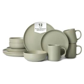 12-Piece Stoneware Dinnerware Sets with Mugs | Microwave & Dishwasher Safe | Non-Toxic Dinner Plates Bowls Set | Stackable Matte Glaze Kitchenware for (Color: Green)