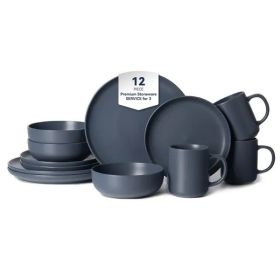 12-Piece Stoneware Dinnerware Sets with Mugs | Microwave & Dishwasher Safe | Non-Toxic Dinner Plates Bowls Set | Stackable Matte Glaze Kitchenware for (Color: Blue)