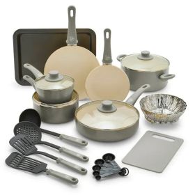 18-Piece Soft Grip Toxin-Free Healthy Ceramic Non-Stick Cookware Set,Dishwasher Safe (Color: gray)