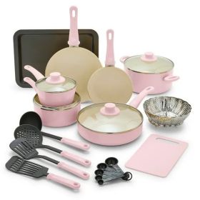 18-Piece Soft Grip Toxin-Free Healthy Ceramic Non-Stick Cookware Set,Dishwasher Safe (Color: Pink)