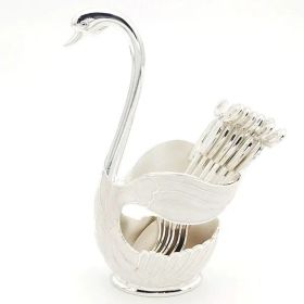 1pc Coffee Dessert Spoons Set; Swan Base Holder Coffee Spoons Set With 6 Forks Spoons Creative Metal Coffee Dessert Spoon Set For Coffee Dessert Ice C (Color: Silvery, size: Spoon)