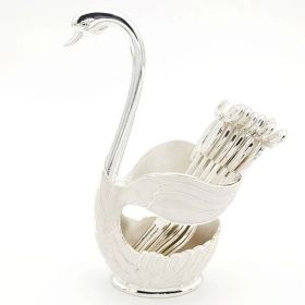 1pc Coffee Dessert Spoons Set; Swan Base Holder Coffee Spoons Set With 6 Forks Spoons Creative Metal Coffee Dessert Spoon Set For Coffee Dessert Ice C (Color: Silvery, size: Fork)