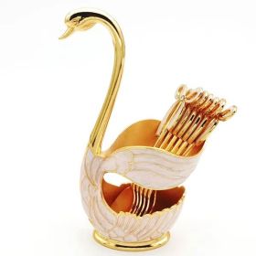 1pc Coffee Dessert Spoons Set; Swan Base Holder Coffee Spoons Set With 6 Forks Spoons Creative Metal Coffee Dessert Spoon Set For Coffee Dessert Ice C (Color: Golden, size: Spoon)