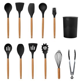 11Pcs Silicone Cooking Utensil Set Heat Resist Wooden Handle Silicone Spatula Turner Ladle Spaghetti Server Tongs (Option: Black)