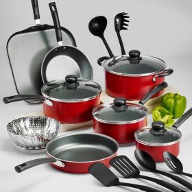 Primaware 18 Piece Non-stick Cookware Set, Steel Gray (Color: Red)