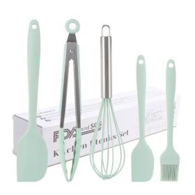 Silicone Cook Utensils;  5 Piece Kitchen Cooking Set;  Includes Large Spatula;  Small Spatula;  Grease Brush;  Food Clamp;  Whisk (Color: Green)